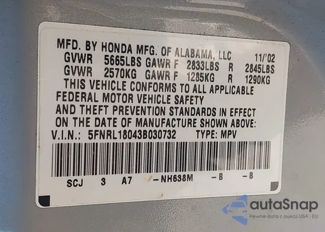 2003 Honda Odyssey Ex-L z USA, uszkodzony, nr VIN 5FNRL18043B030732